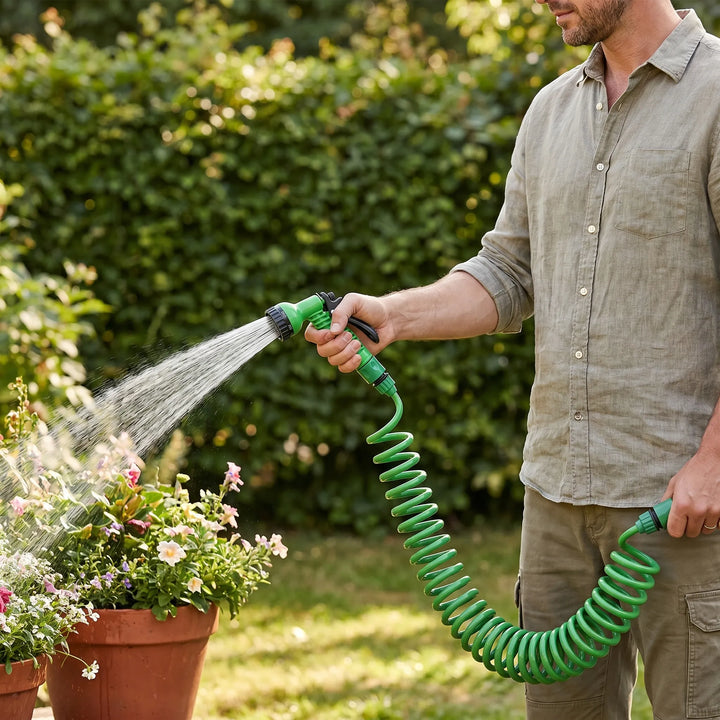 Green tangle-free coiled garden hose for easy yard watering & irrigation. Flexible, retracting design for hassle-free use.