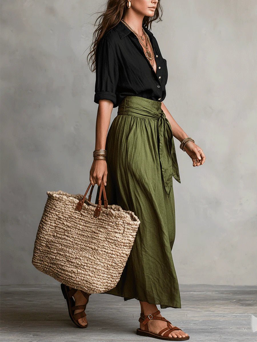 Chic women's green relaxed fit maxi skirt and button-front top set with tie waist. Ideal for vacation or brunch.