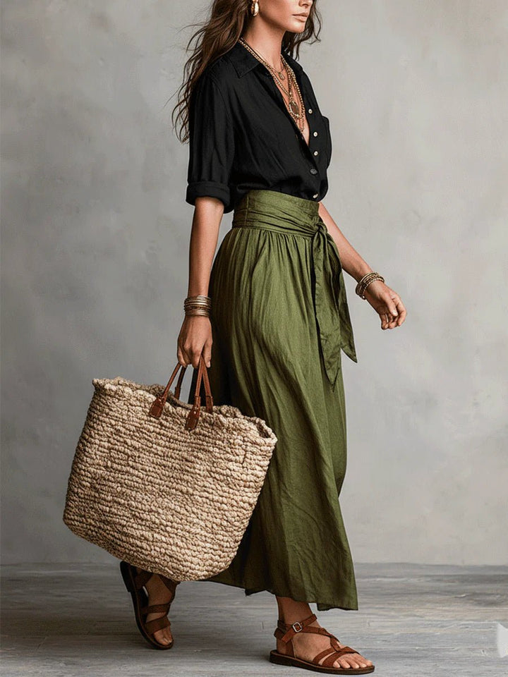 Chic women's green relaxed fit maxi skirt and button-front top set with tie waist. Ideal for vacation or brunch.