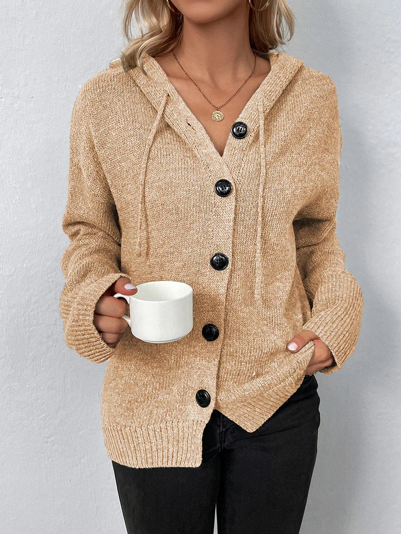 Model in black women's weekender hoodie cardigan, perfect for easy layering.