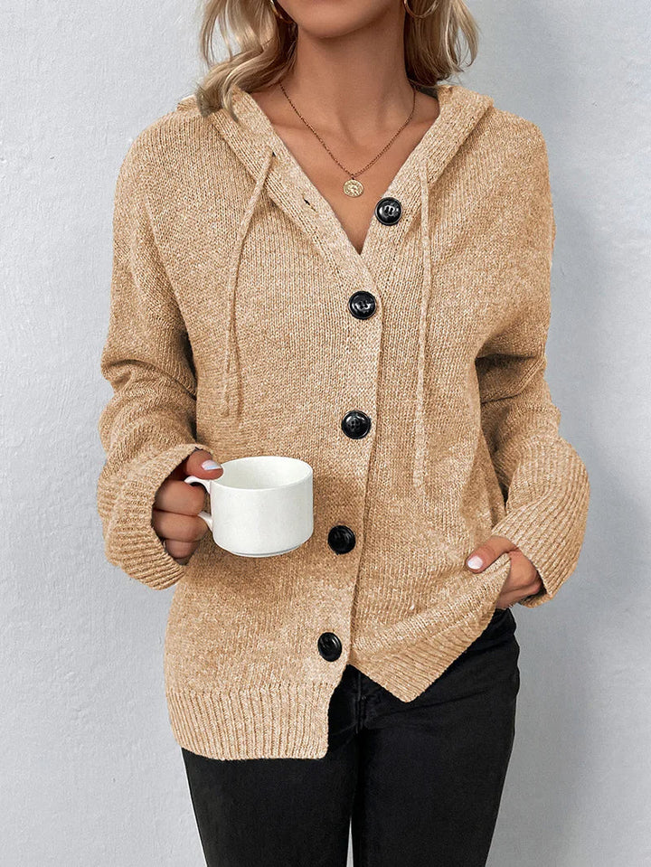 Model in black women's weekender hoodie cardigan, perfect for easy layering.