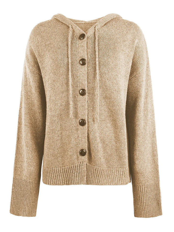 Black women's comfy button-up cardigan hoodie, relaxed fit, great for travel.