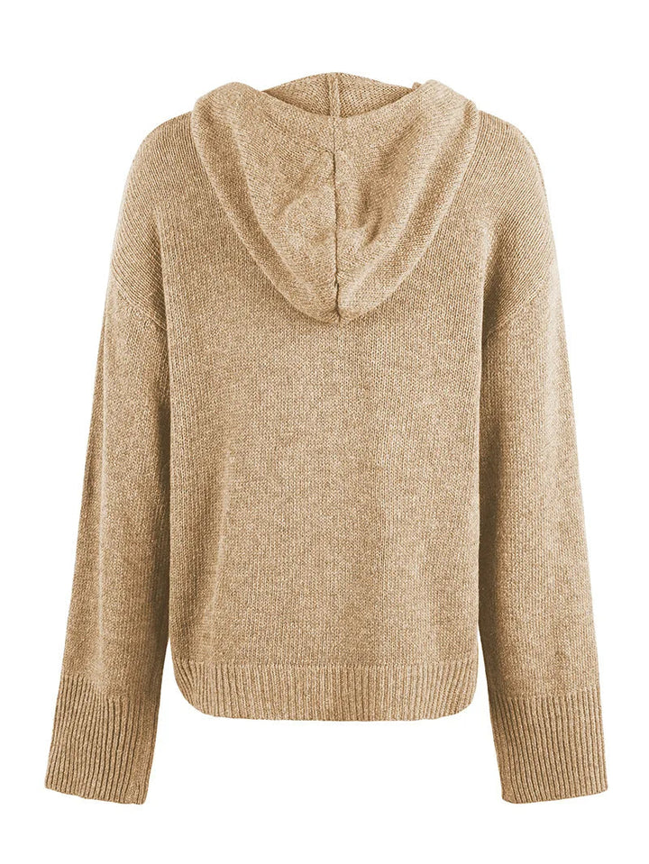 Black women's versatile casual weekender cardigan with hood, side profile.