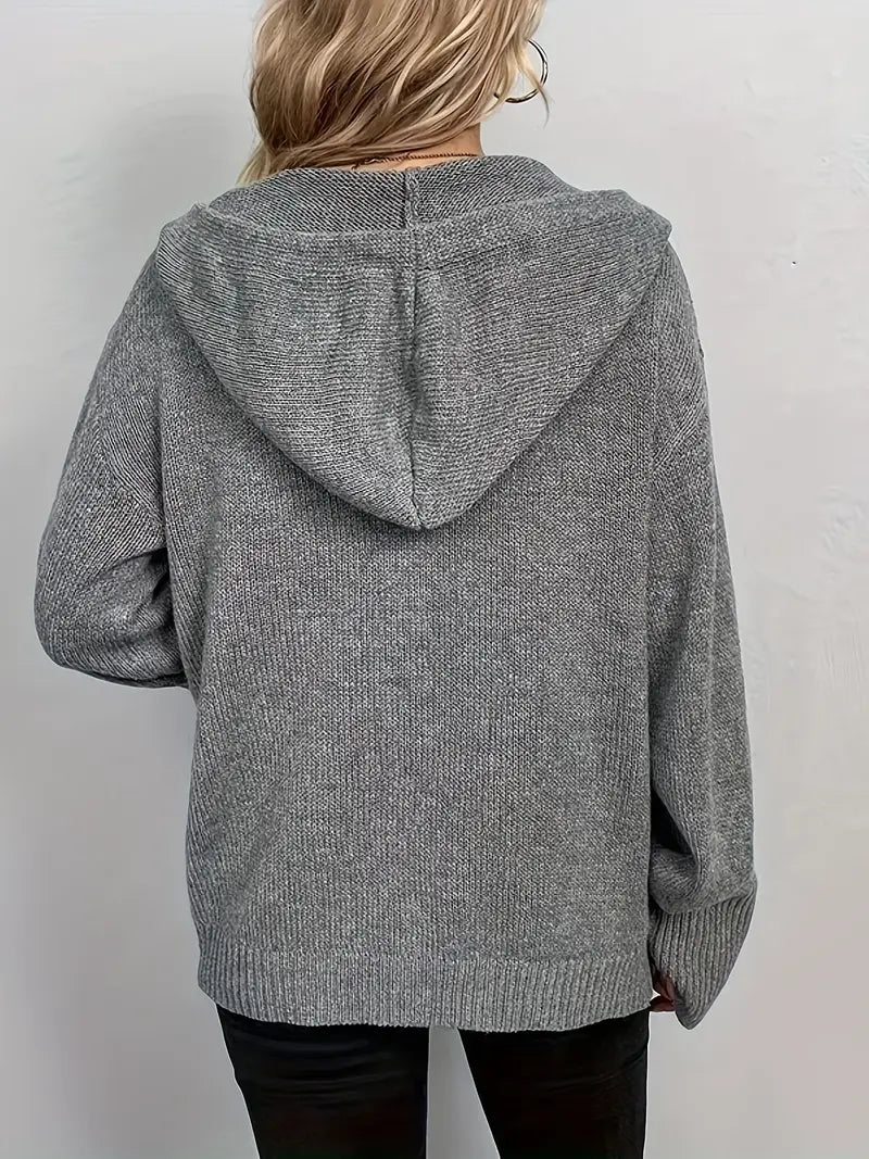 Grey women's button-up cardigan hoodie, soft & versatile casual apparel.
