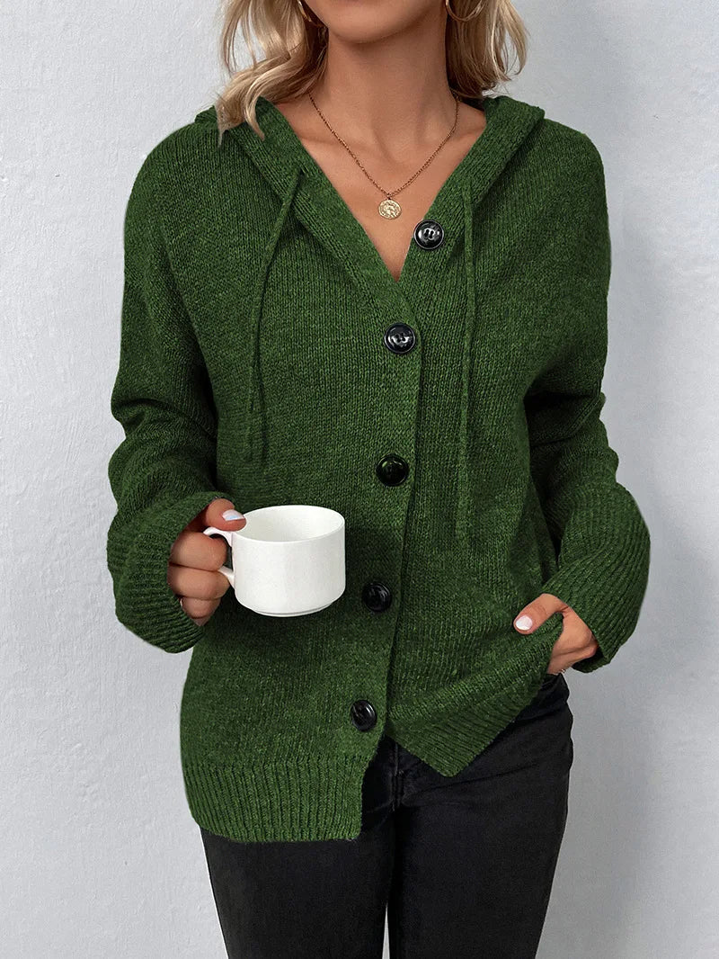 Blue women's versatile casual weekender cardigan with hood, featuring back view.