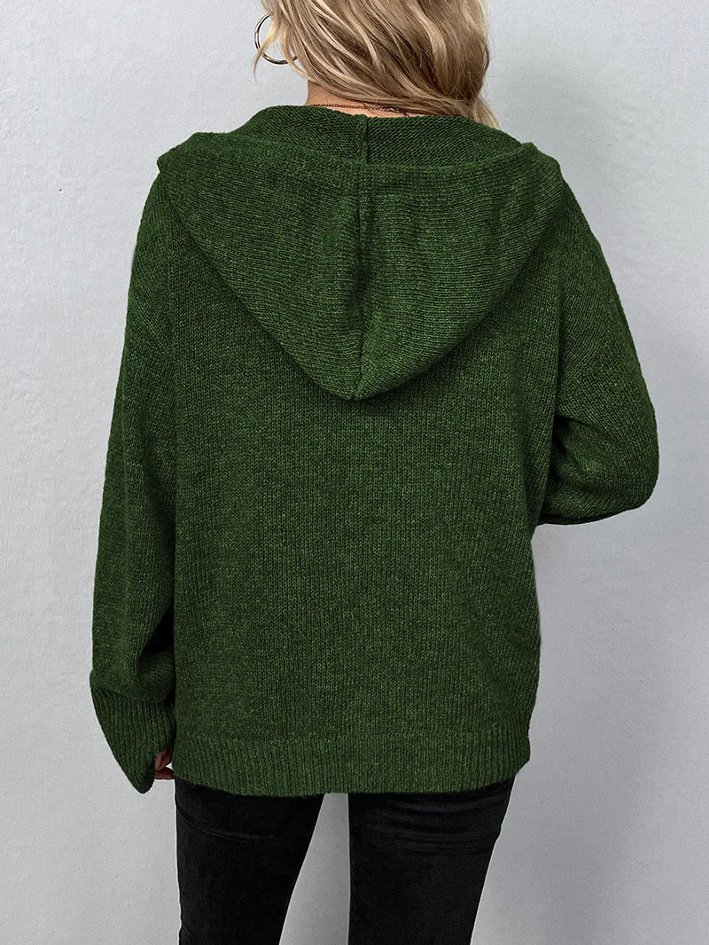 Blue women's soft knit cardigan hoodie, essential for a comfortable, relaxed weekender.