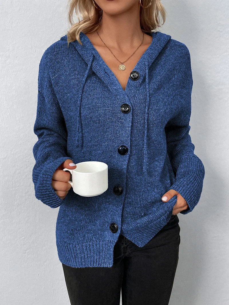 Grey women's comfy hooded cardigan, relaxed fit, ideal for travel & casual wear.