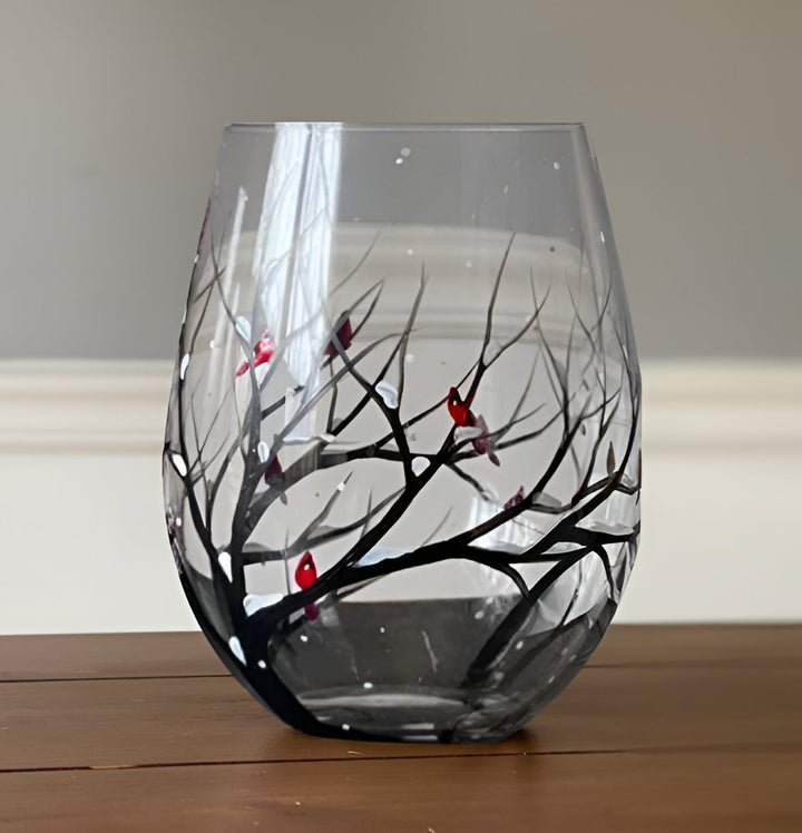 Hand painted four seasons tree wine glasses, unique artistic glassware for home decor.