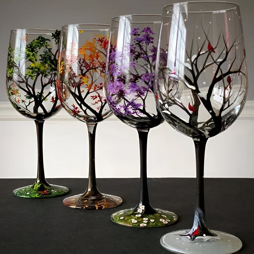 Exquisite hand painted four seasons wine glasses, unique artistry & beautiful home decoration.