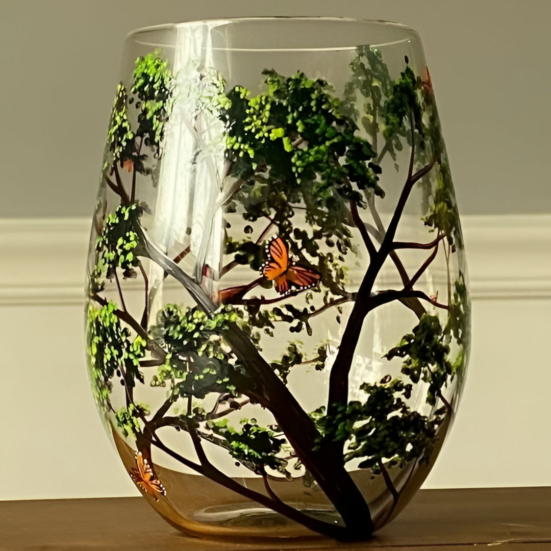 Unique hand painted four seasons wine glasses, perfect artistic gift & seasonal decor.
