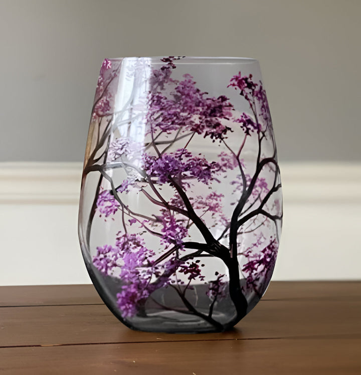 Stemmed hand painted four seasons wine glasses, exquisite artistic glassware for unique gift.