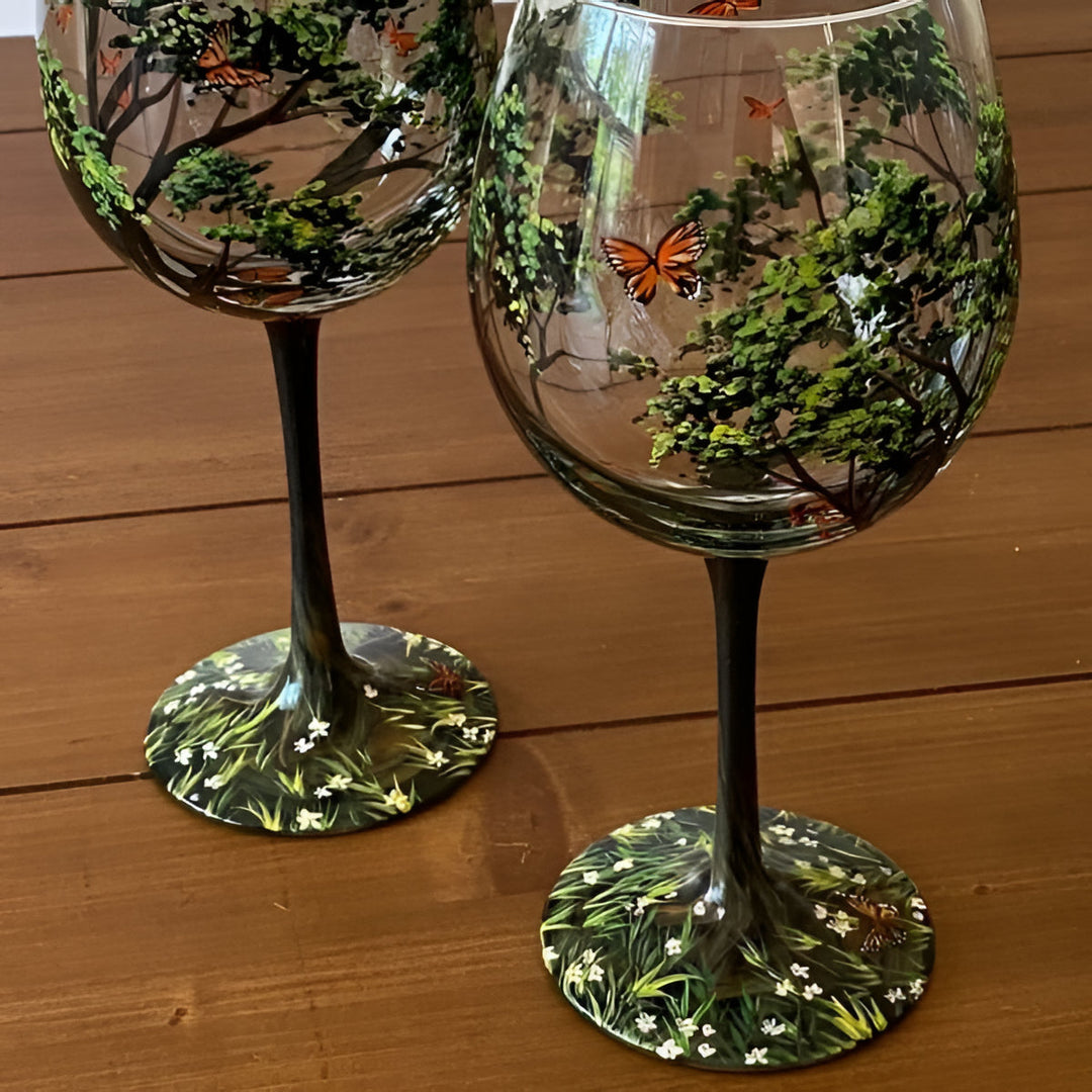 Detailed hand painted four seasons tree wine glasses, artistic glassware & wine accessory.