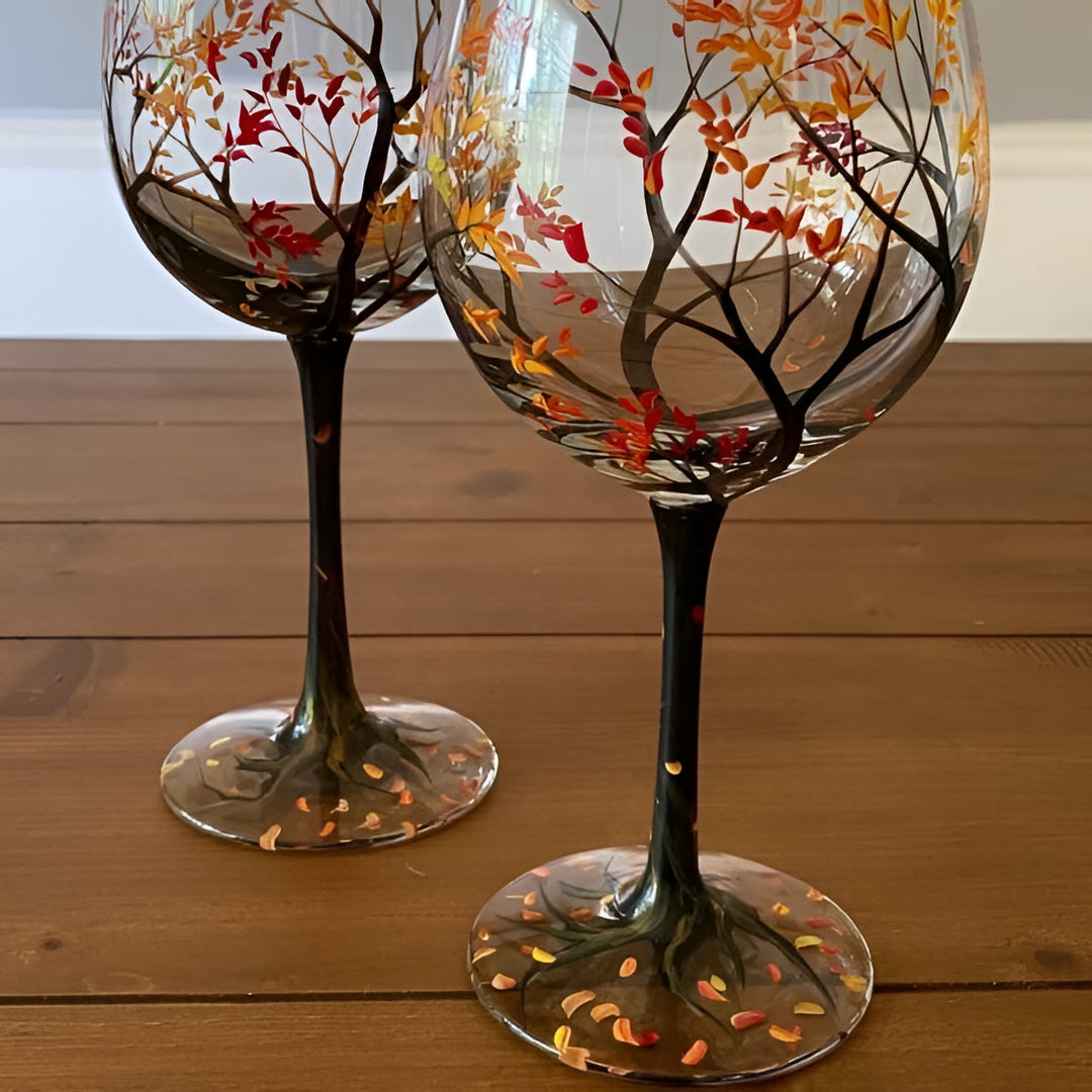 Elegant hand painted four seasons wine glasses, artistic glassware for special occasions.