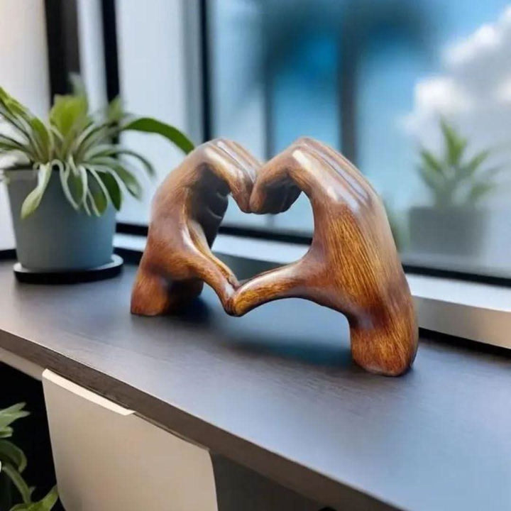 Handcrafted Heart Hands Wood Sculpture, a rustic home decor accent & unique love symbol. Perfect artisanal gift.