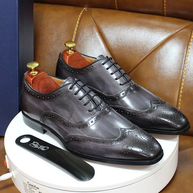 Professional men's leather Oxford dress shoes, wingtip style, ideal for business attire and formal events.