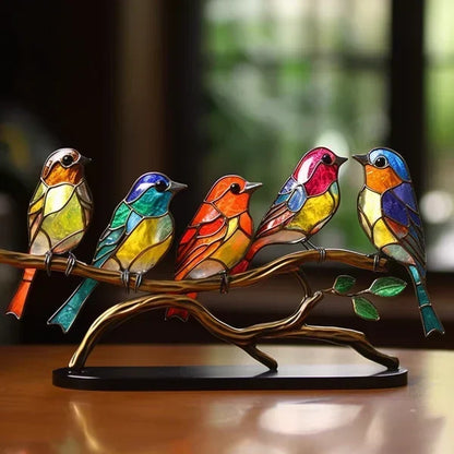 Colorful decorative glass bird sculpture, a unique handcrafted tabletop art piece for interior design accents.
