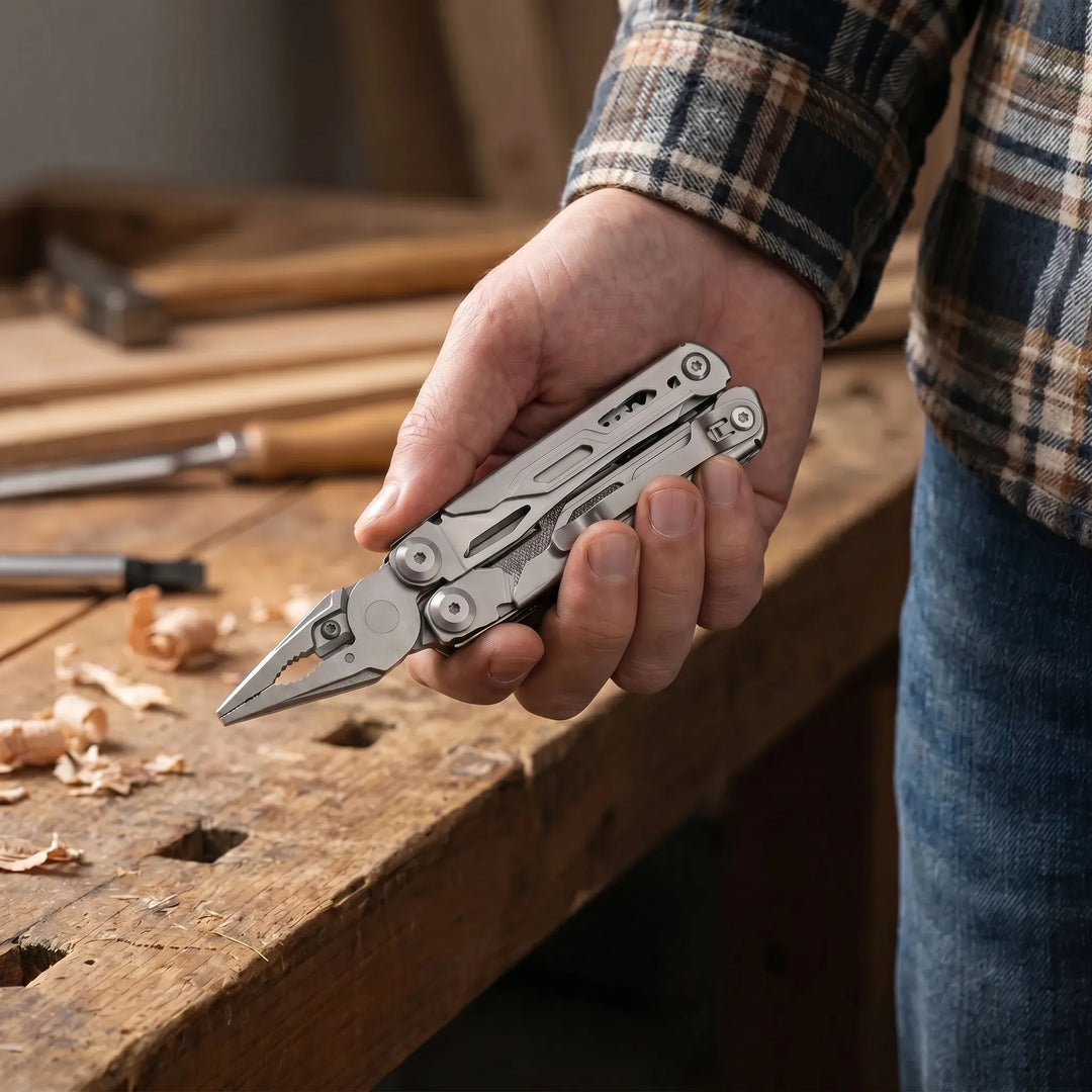 Handheld multi-tool featuring pliers, multiple screwdriver bits for versatile home repair, camping, and EDC.