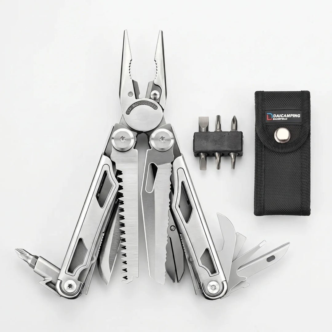 All-in-one handheld multi-tool, perfect for outdoor adventures & home repairs. Features pliers & various screwdriver bits.