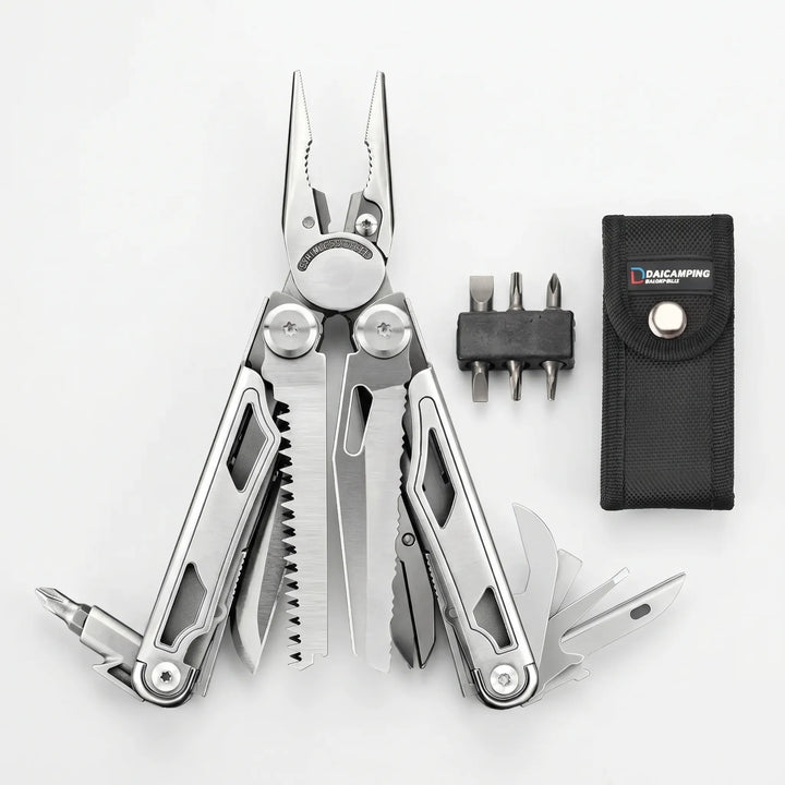 All-in-one handheld multi-tool, perfect for outdoor adventures & home repairs. Features pliers & various screwdriver bits.