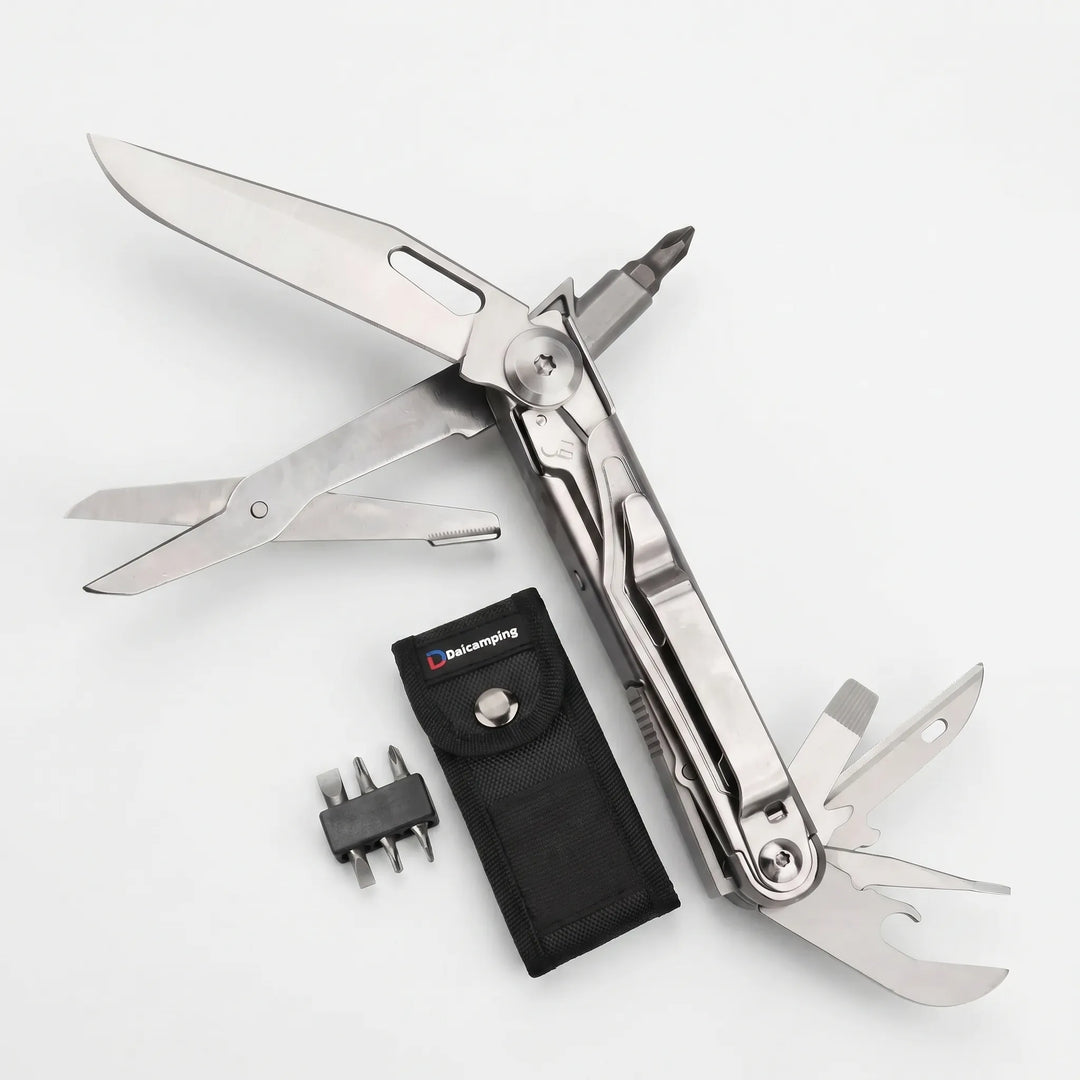 Portable multi-tool with comfortable grip, featuring essential pliers and interchangeable screwdriver bits for DIY & camping.