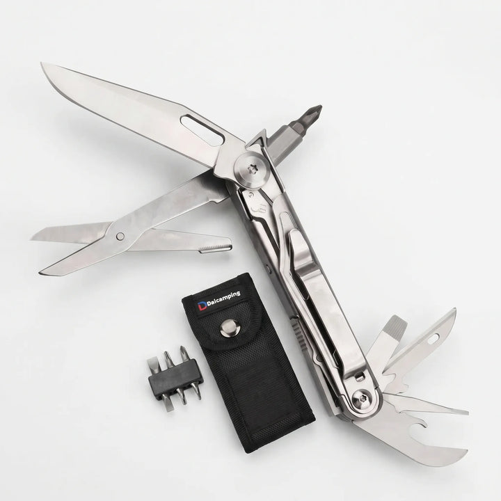 Portable multi-tool with comfortable grip, featuring essential pliers and interchangeable screwdriver bits for DIY & camping.