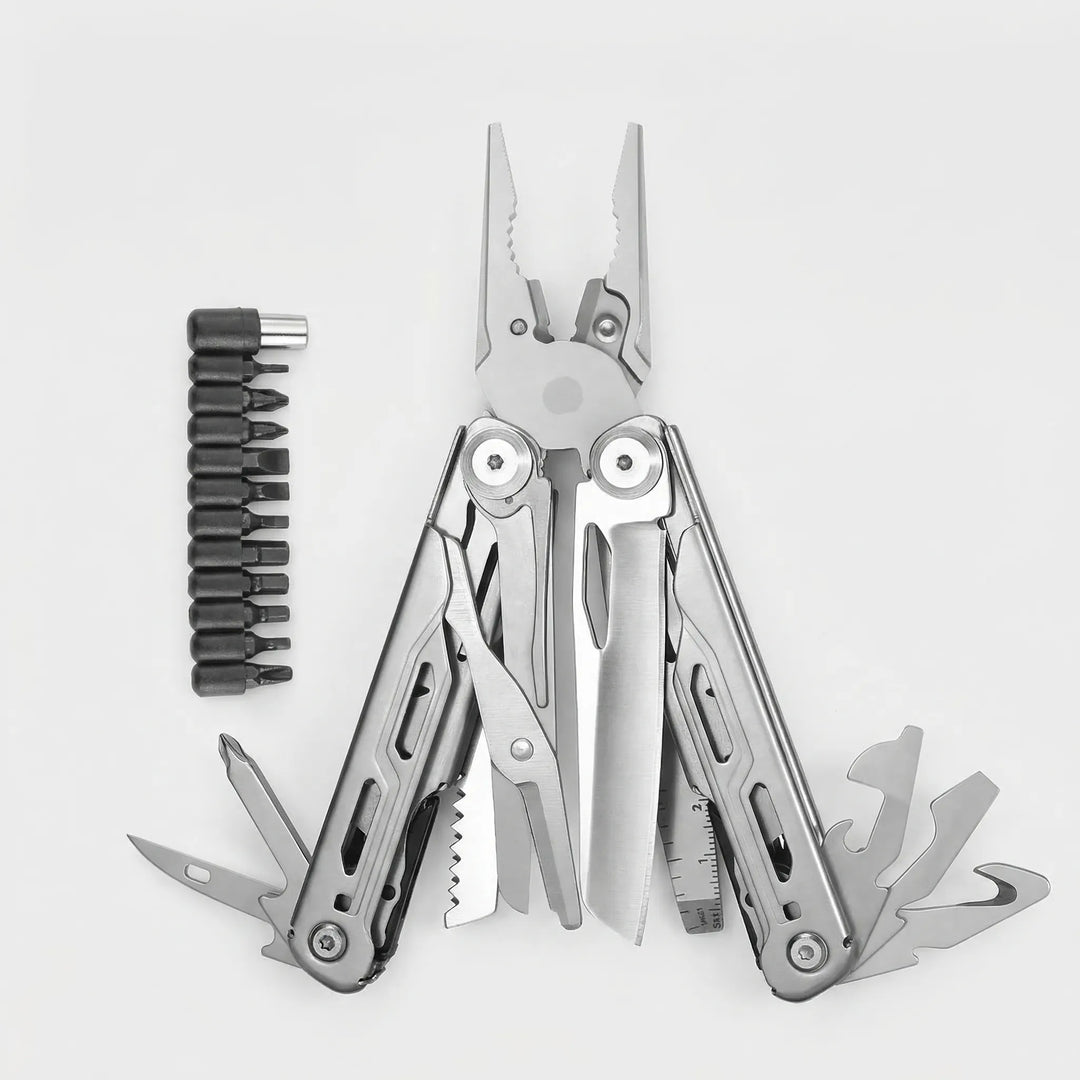 Robust survival multi-tool with built-in pliers & interchangeable screwdriver bits, ideal for emergency & outdoor use.