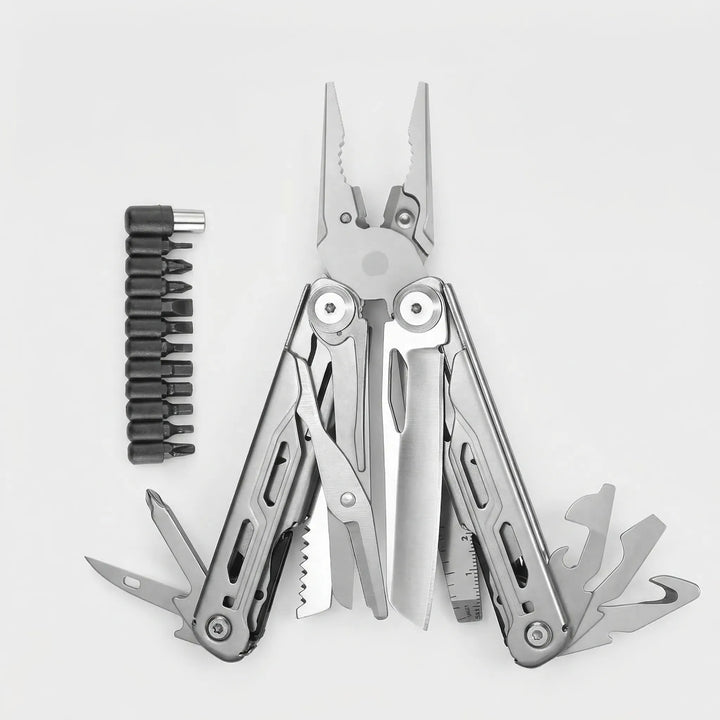 Robust survival multi-tool with built-in pliers & interchangeable screwdriver bits, ideal for emergency & outdoor use.