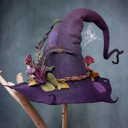 Handmade black felt witch hat for adults, perfect for Halloween costumes & cosplay. Unisex merino wool party prop.