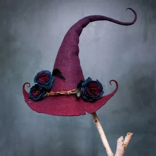 Spooky black felt witch hat, handmade for adult Halloween parties. Unisex costume accessory & cosplay prop.