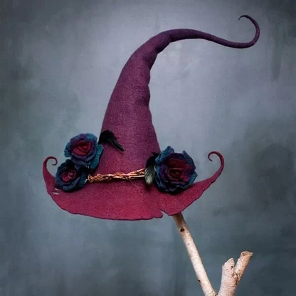 Spooky black felt witch hat, handmade for adult Halloween parties. Unisex costume accessory & cosplay prop.