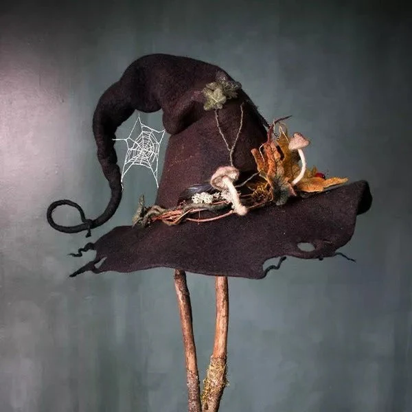 Merino wool felt witch hat, handmade & spooky. Unisex adult Halloween party prop or costume gift idea.