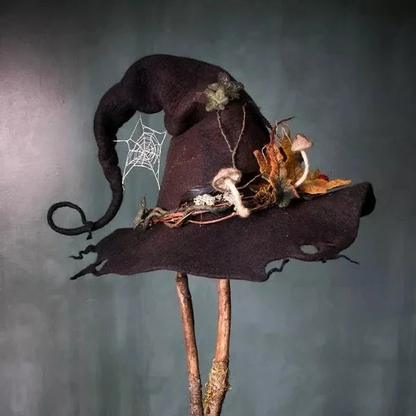 Merino wool felt witch hat, handmade & spooky. Unisex adult Halloween party prop or costume gift idea.