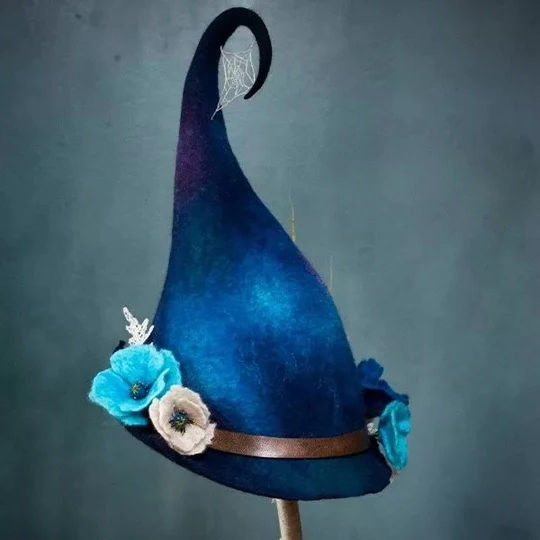 Handmade merino wool felt witch hat for Halloween. Unisex adult costume accessory, perfect for spooky parties.