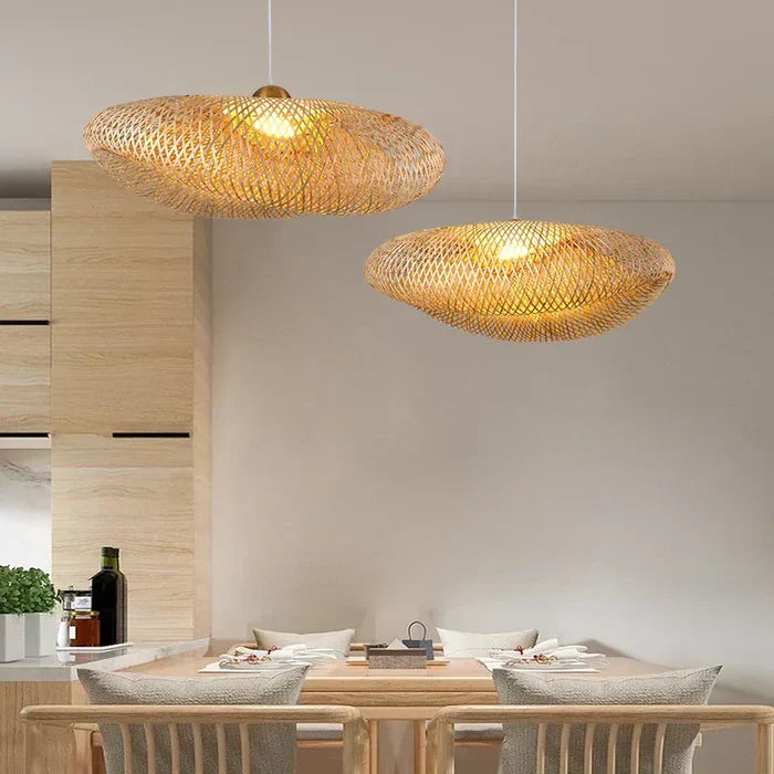 Handmade rattan pendant lamp, ideal for elegant boho home decor. Natural woven ceiling light.
