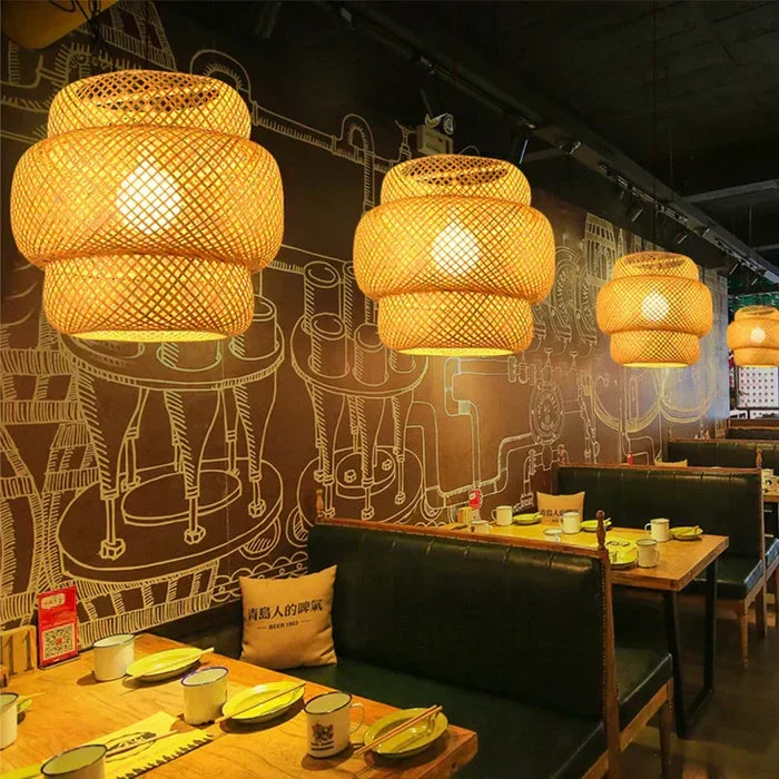 Boho chic rattan hanging lamp. Unique handmade design, perfect as a living room or dining light.