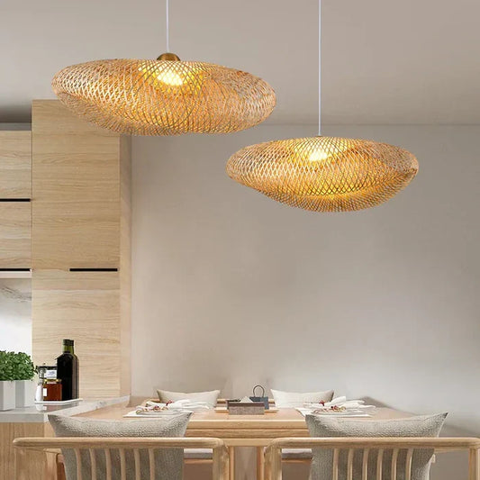 Handmade rattan pendant lamp, natural woven ceiling light for boho & rustic home decor.