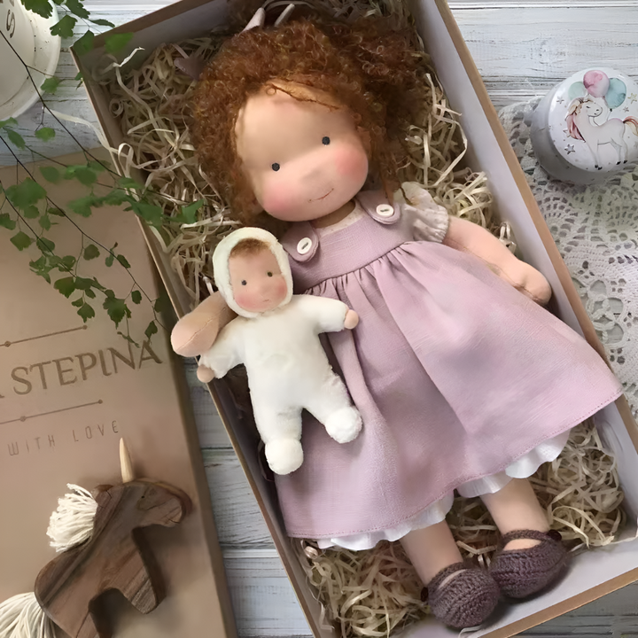 Beautifully handmade Waldorf doll, a soft natural cloth toy for imaginative play.