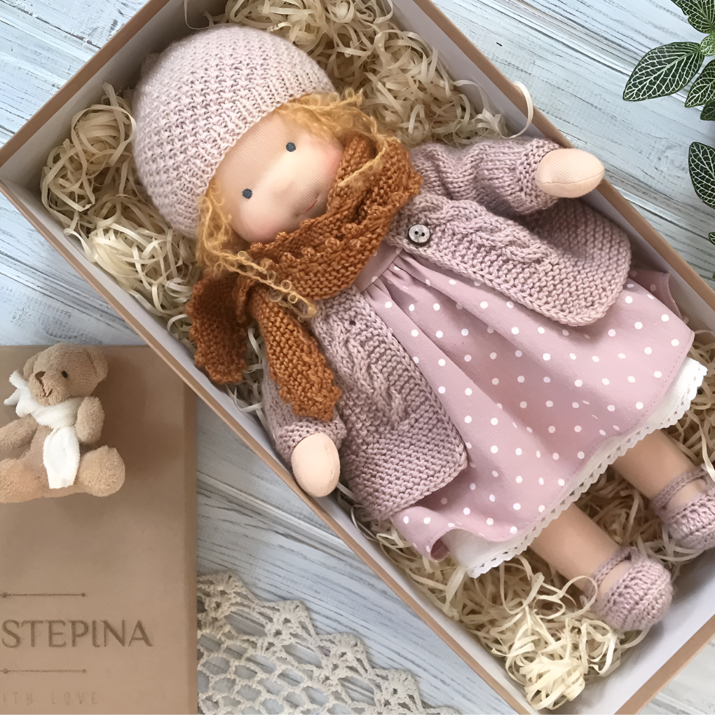 Natural materials Waldorf doll, a soft cloth companion for children's adventures.