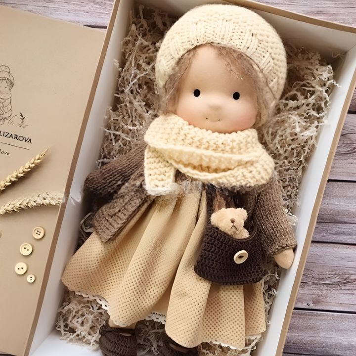 Soft Waldorf doll for creative play, a handmade cloth toy promoting child's imagination.