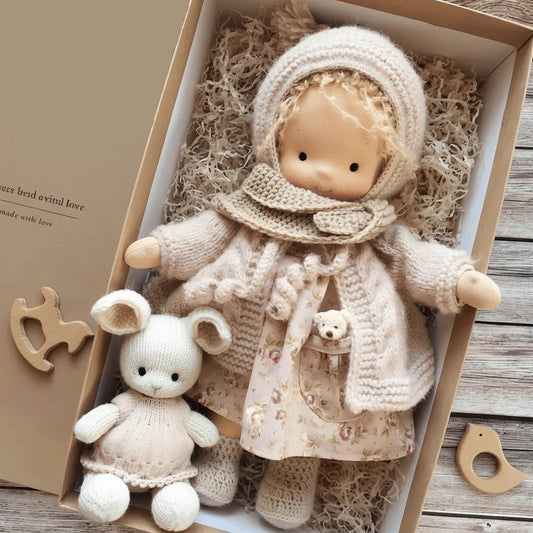 Handmade Waldorf doll, soft cotton, natural kids toy for imaginative play & nurturing. Perfect toddler gift.