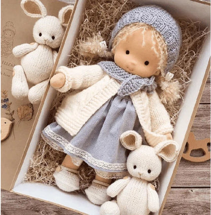 Close-up of a handcrafted Waldorf doll, natural cotton, durable & eco-friendly, a classic soft toy for children.