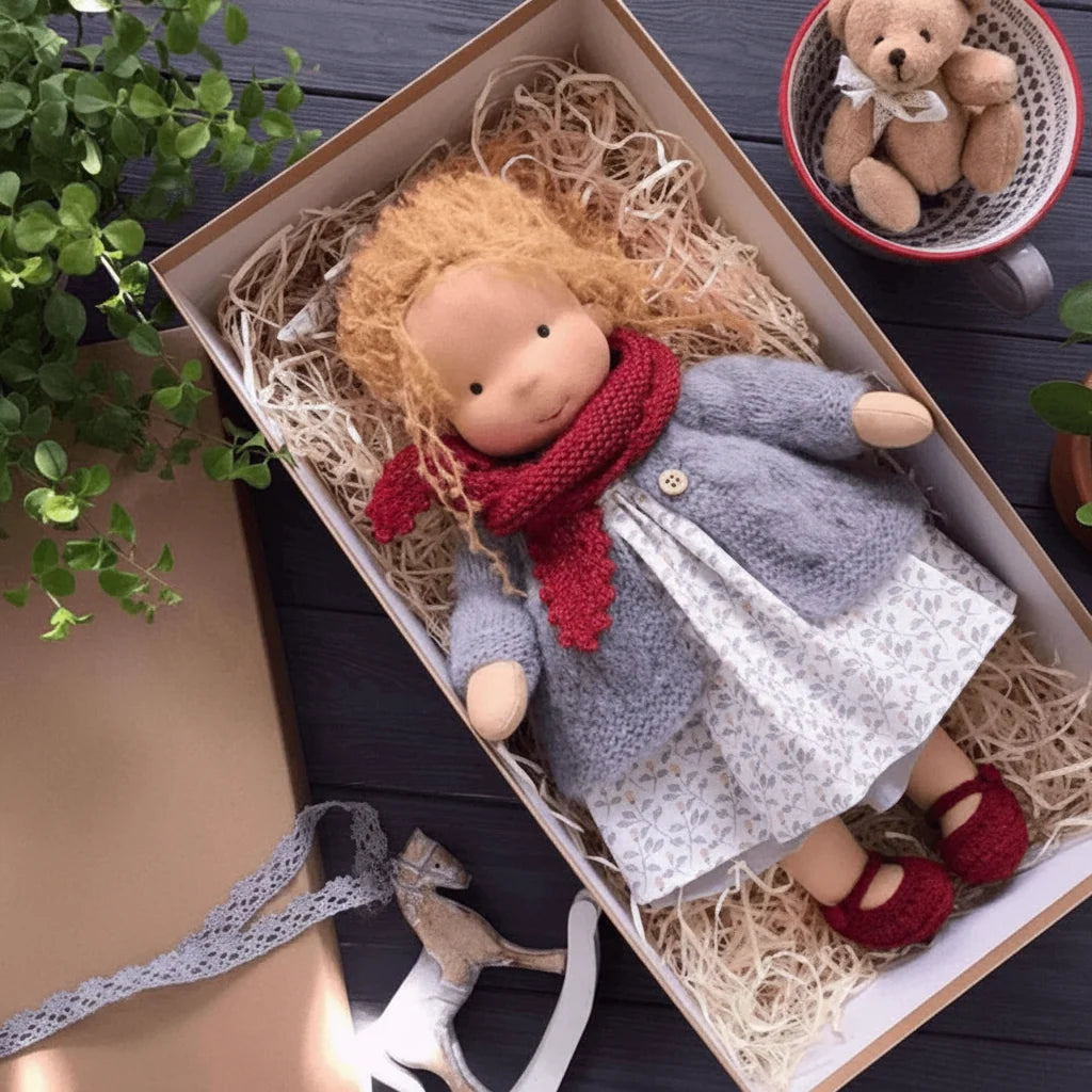 Durable classic Waldorf doll, soft natural cotton, handmade for nurturing play. An eco-friendly kids toy & toddler gift.