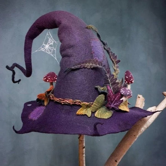 Handmade women's merino wool felt witch hat for Halloween costume. Adjustable adult party accessory.