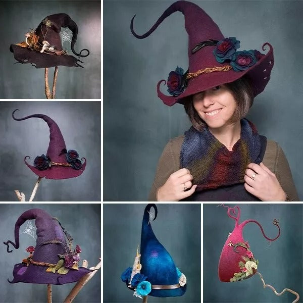Women's adjustable handmade felt witch hat for Halloween. Ideal spooky merino wool adult costume accessory.