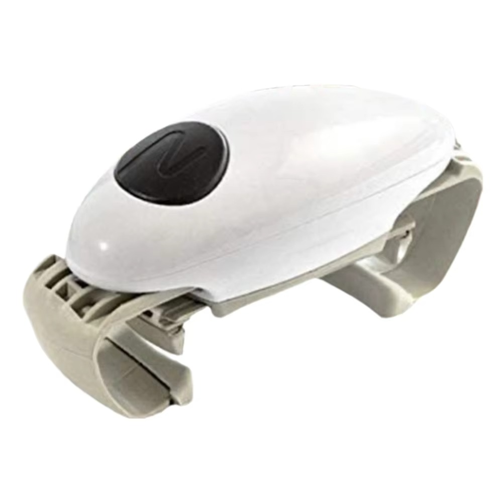 Automatic can opener effortlessly opening a metal can, demonstrating its hands-free operation and ease of use.