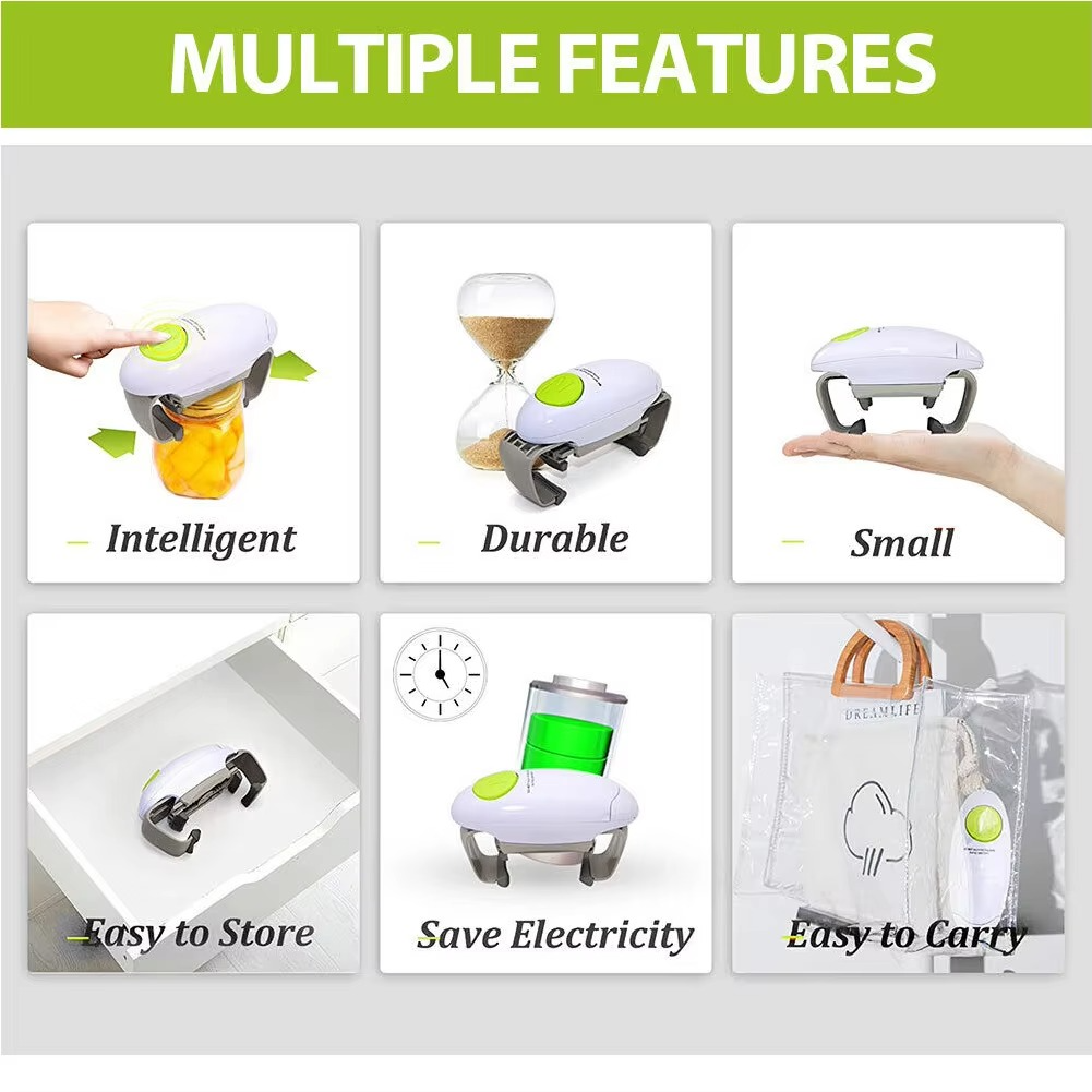 Ergonomic automatic can opener with easy-press button, highlighting its sleek design and user-friendly features.