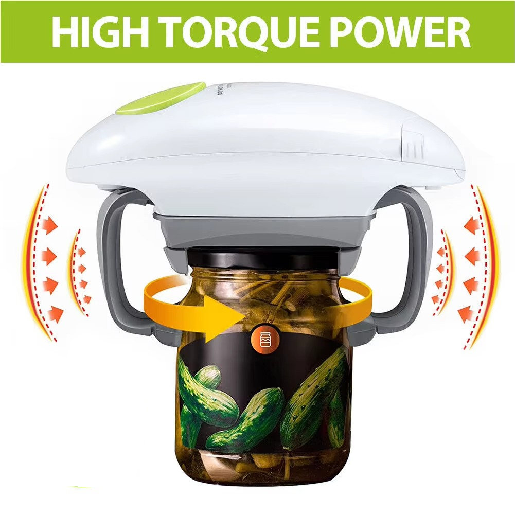 Senior-friendly automatic kitchen opener, providing effortless jar, can, and bottle opening for those with weak grip.