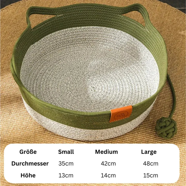 Khaki handwoven cotton rope pet bed, providing a soft & cozy nest for cats. Ideal feline comfort furniture.