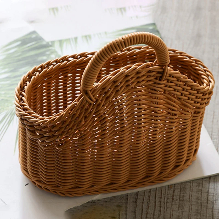 Handwoven natural rustic wall storage basket set with handles. Perfect for organizing kitchen, entryway, or bathroom.