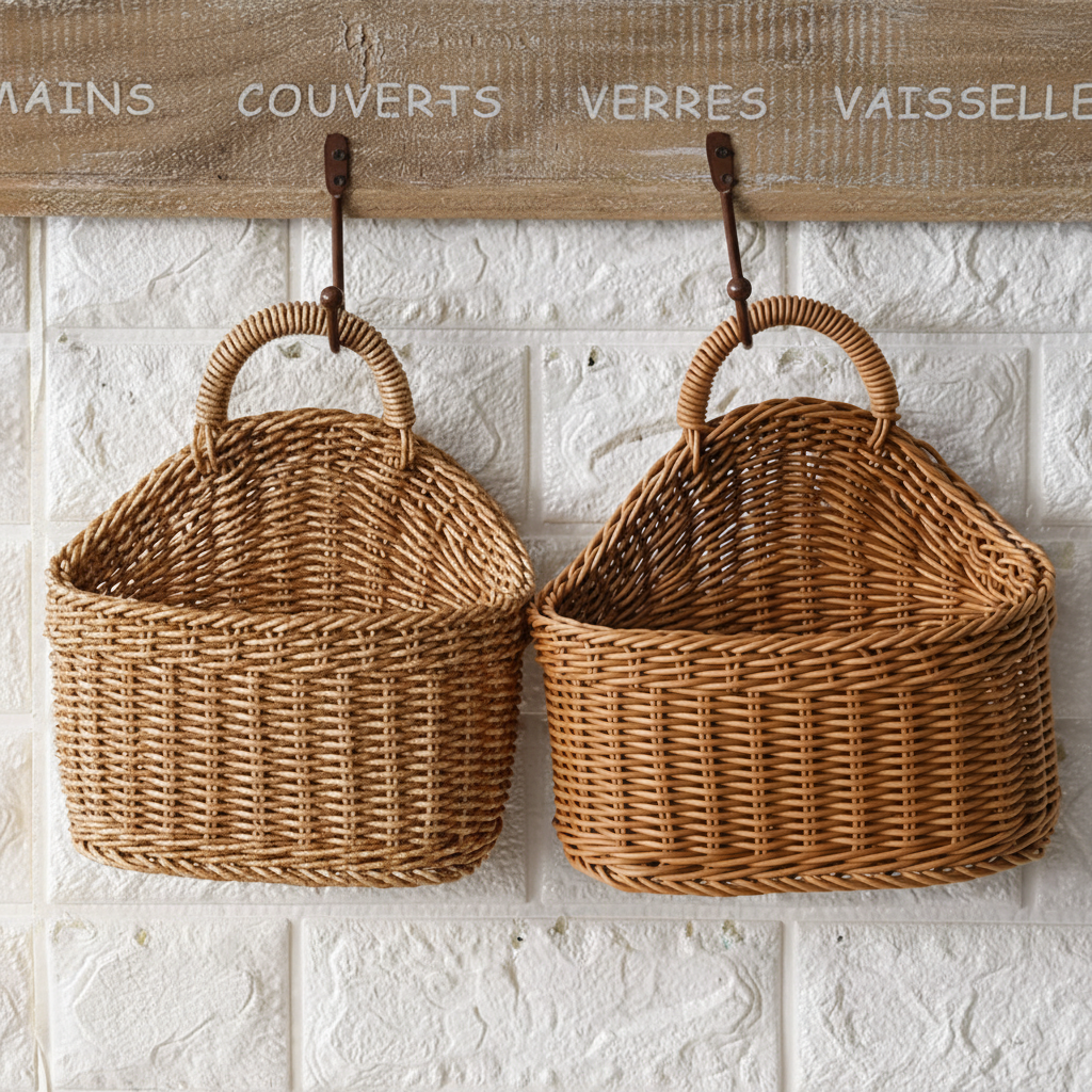 Decorative handwoven wall basket set, natural fiber, ideal for rustic home storage & organization.